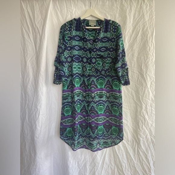 Anthropologie Maeve Multicolor Ikat Shirt Dress V-Neck Roll Tab Sleeves Size XS - Picture 7 of 16
